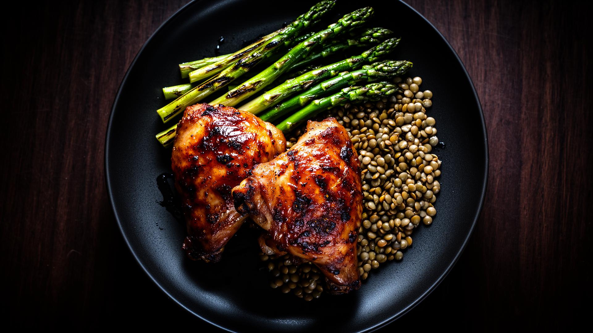 Glazed jerk chicken with asparagus and lentils